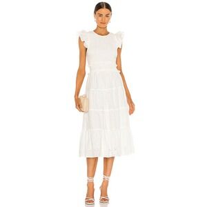 Cleobella Emmy Dress White Smocked Eyelet Tiered Midi Ruffle Sleeve Small